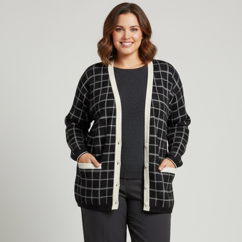 Elisabeth by Liz Claiborne Lambwool Plaid Sweater Cardigan Size 3.